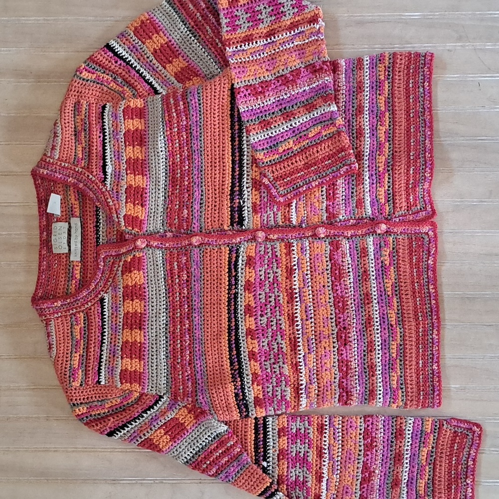 Sigrid Olsen Sport Hand Knit Crochet Multicolor Cardigan Sweater Vibrant